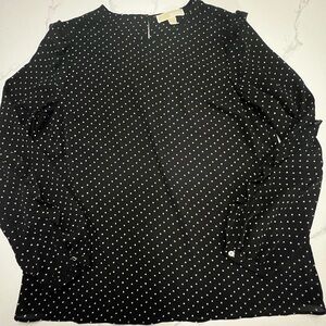 Michael Kors Women's Blouse Ruffle Long Sleeve White Stars Print on Black L